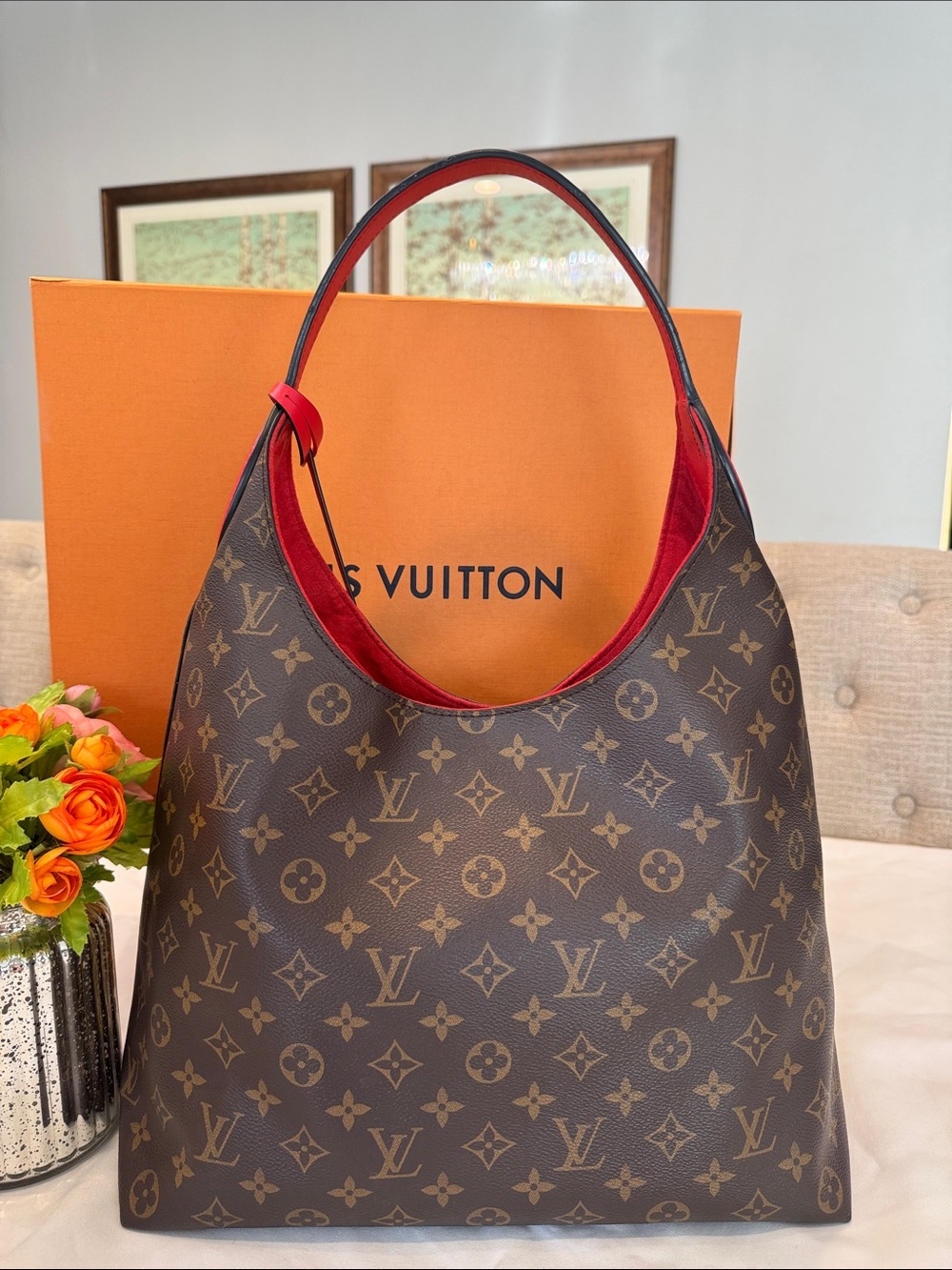 Authentic Louis Vuitton Monogram Flower Hobo bag with Red Interior - Picture 6 of 16